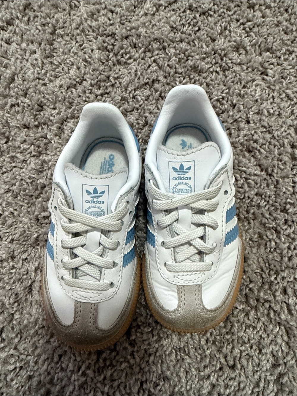 adidas Kids White Sneakers with Light Blue Stripes and Gum Soles